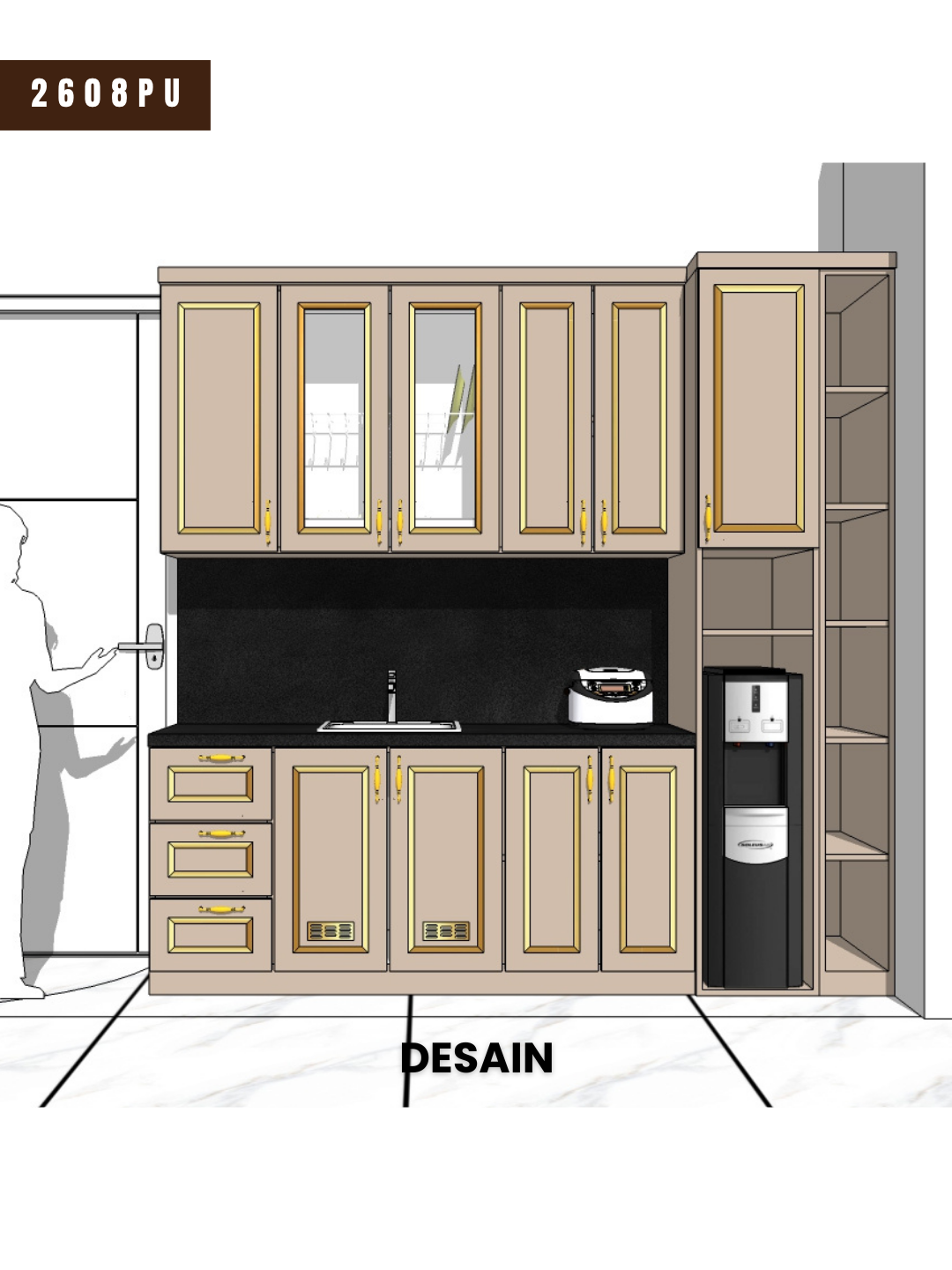 Gambar desain pantry proyek 2608PU sebelum dikerjakan: rancangan kabinet atas dan bawah dengan panel berbingkai, backsplash hitam, dan rak terbuka di sisi kanan