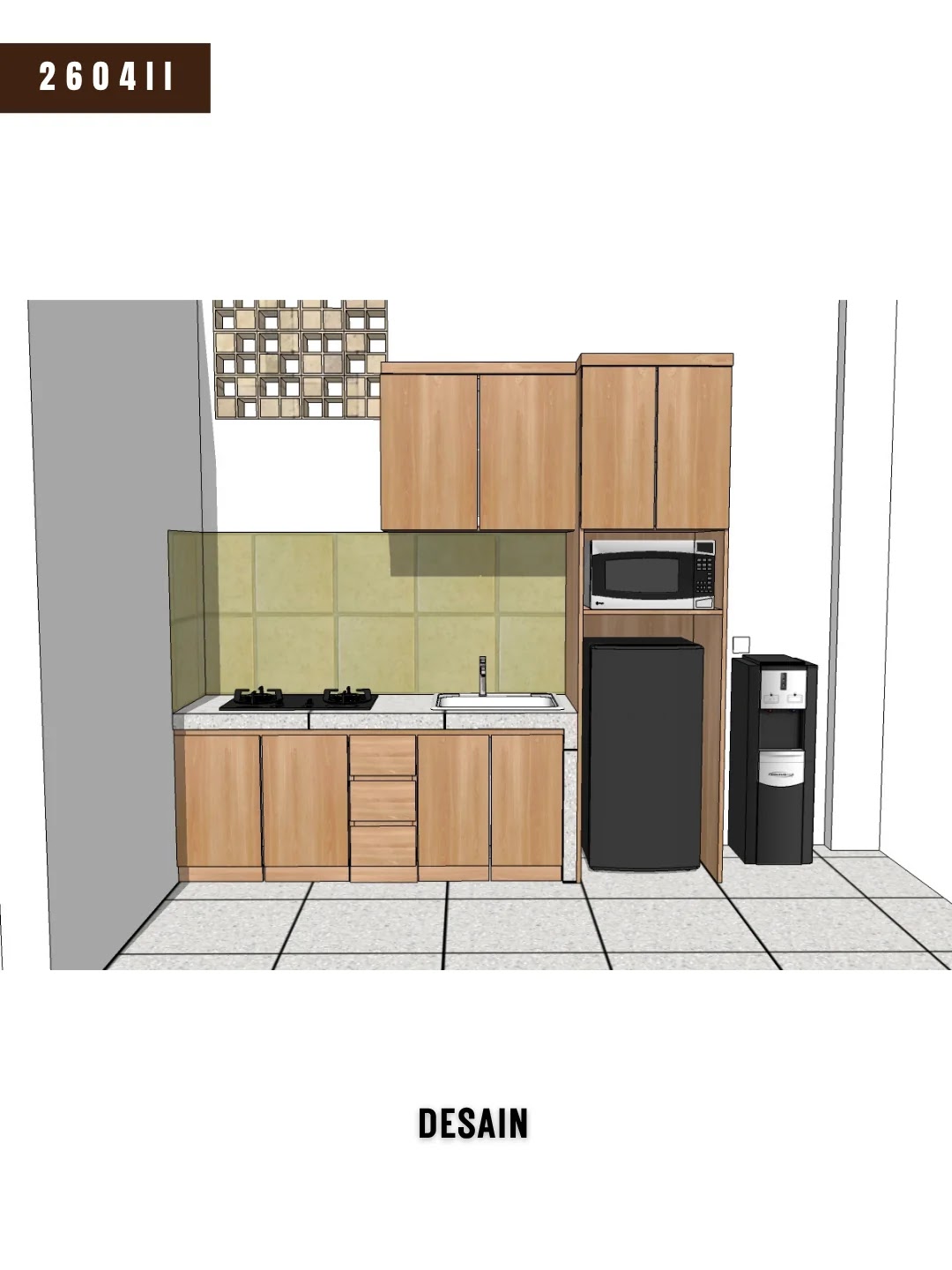 Desain 3D tampak depan kitchen set proyek 2604II Baleendah Bandung dengan kabinet atas, ceruk microwave, dan kolom kulkas