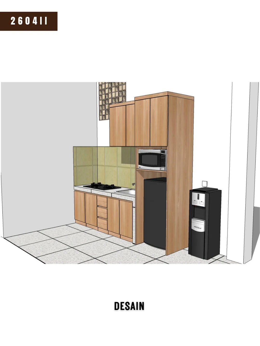 Desain 3D perspektif kitchen set proyek 2604II Baleendah Bandung memperlihatkan kolom kulkas, dispenser, dan jalur berdiri di depan kompor
