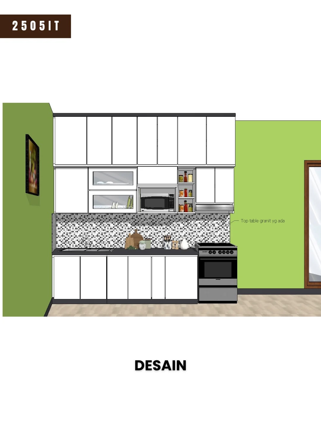 Desain 3D tampak depan kitchen set minimalis proyek 2505IT di Cileunyi Bandung, lengkap dengan kabinet atas, rak bumbu terbuka, ceruk microwave, dan posisi kompor