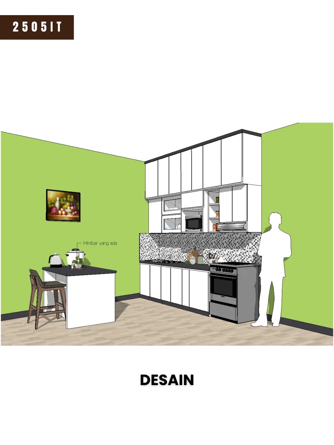 Desain 3D perspektif kitchen set proyek 2505IT di Cileunyi Bandung dengan siluet orang dewasa sebagai pembanding tinggi kabinet dan meja kecil di sisi ruangan